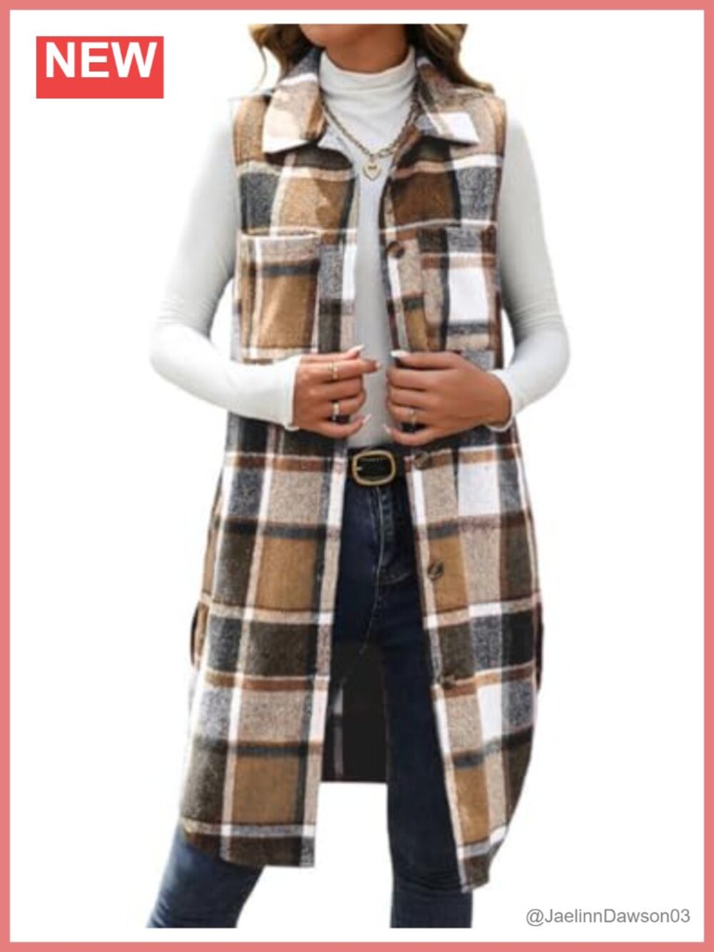 Long Plaid Vest Women Sleeveless Notch Lapel Button Jacket Outerwear